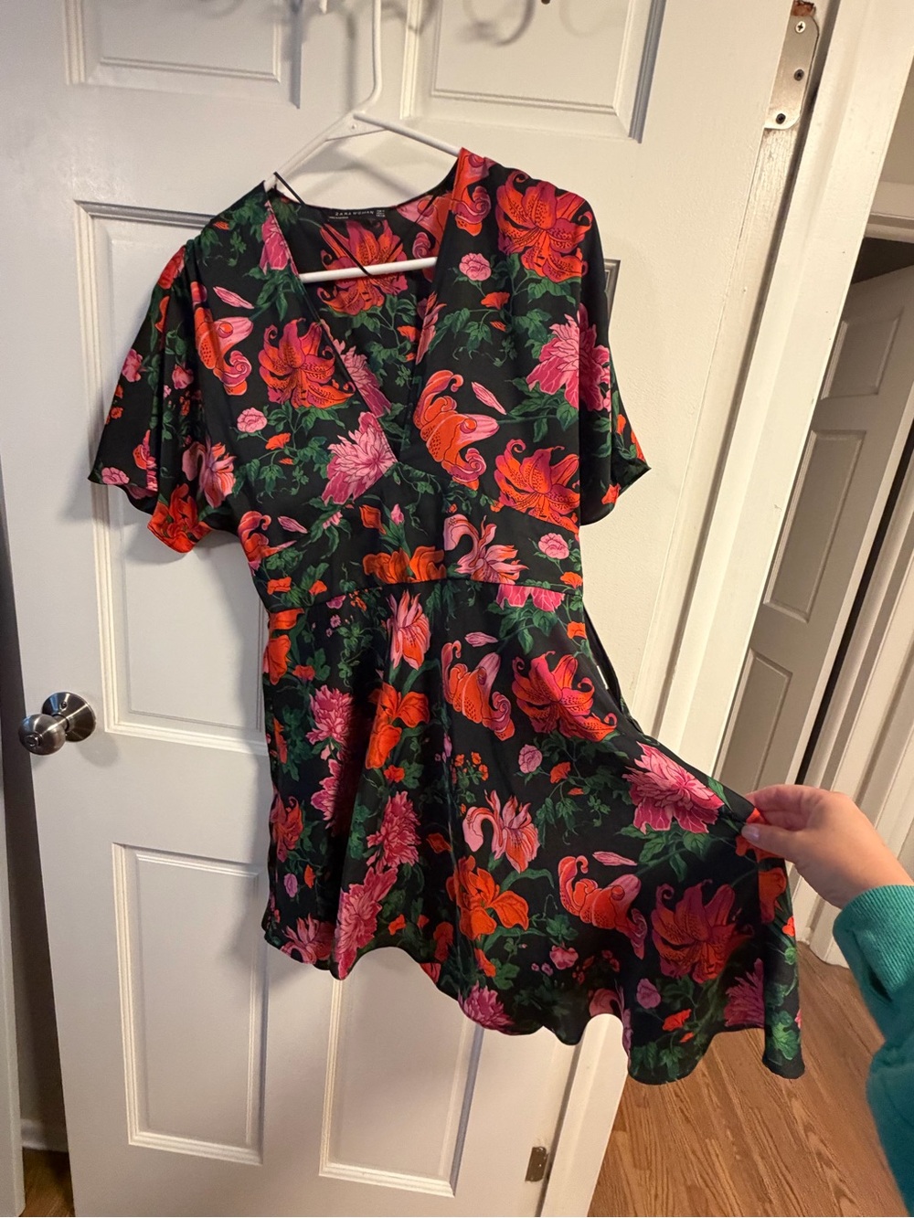 Zara Black Mini Dress with Pink and Red Floral Print - Picture 3 of 4